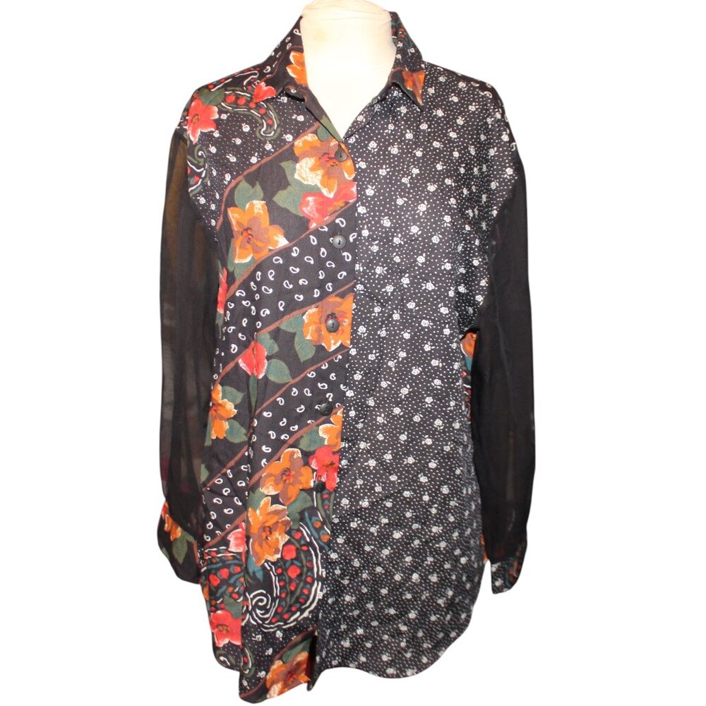 VTG Alley Cat II Floral Blouse Romantic Sheer Sleeves Sz M Maximalist 80s 90s